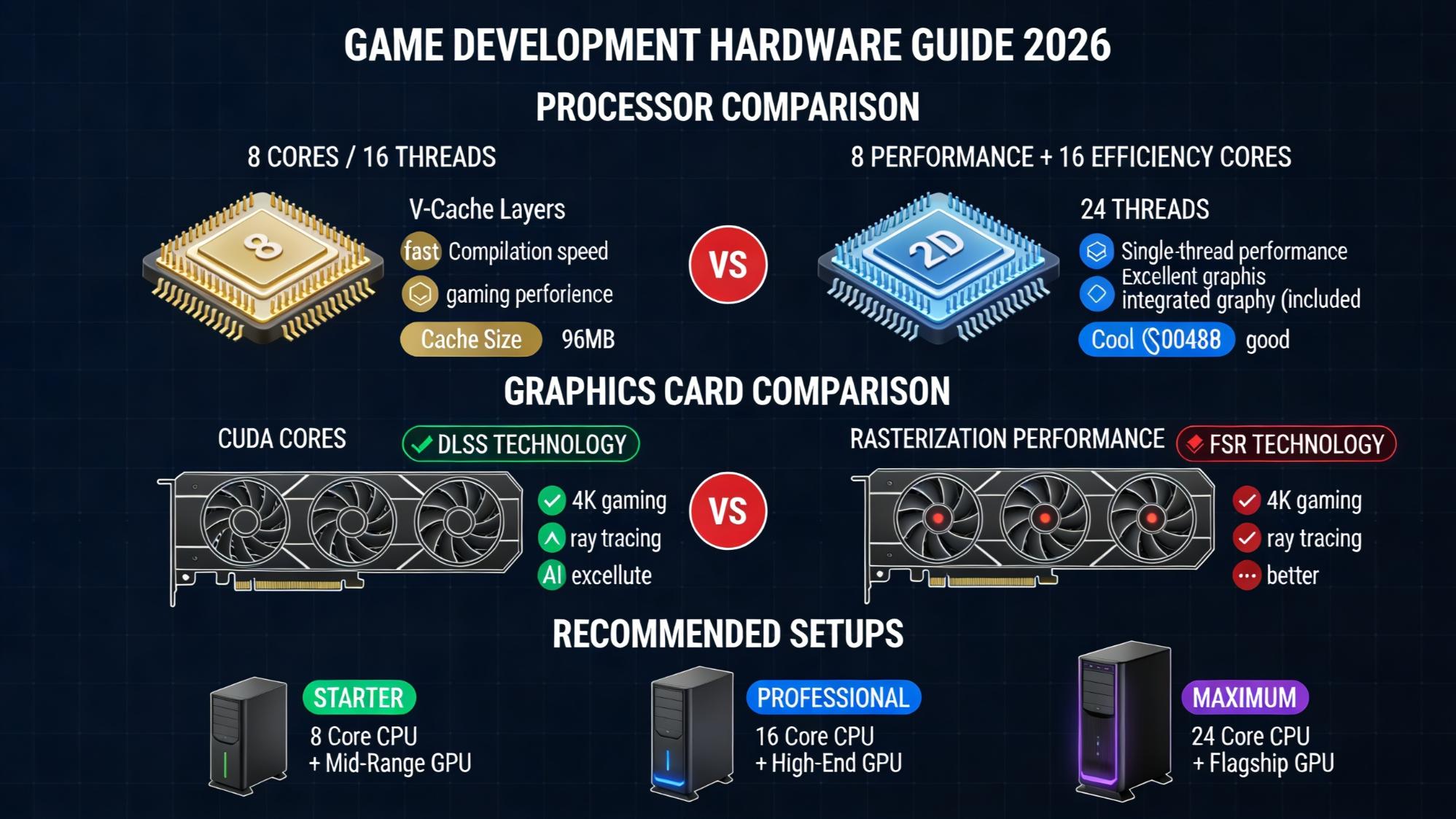 Game development PC hardware benchmark infographic comparing CPU, GPU, memory, and storage choices